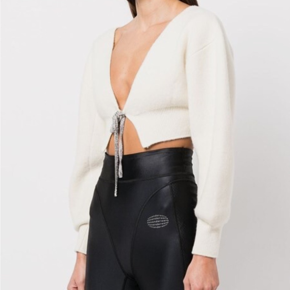 Alexander Wang Crystal Bow Cashmere Wool V Neck Cardigan Sweater Off White XS